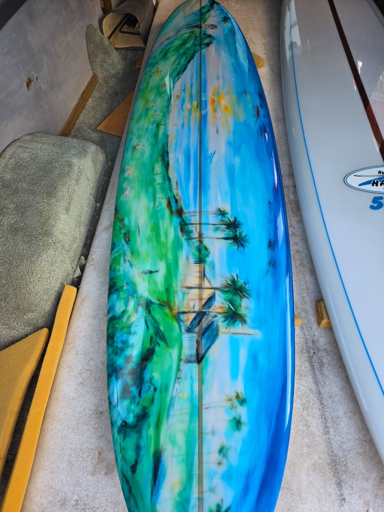 Craig Hollingsworth longboard with art by Veronika Strachova