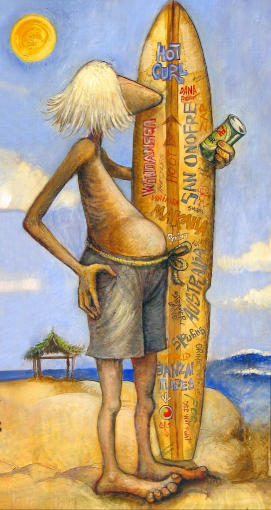 Hot Curl cartoon by Mike Dormer, standing on the beach with a beer and a surfboard covered in surf-spot names