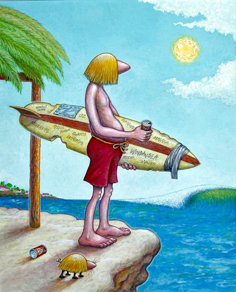 Hot Curl cartoon by Mike Dormer, looking out at a breaking wave with a beer in hand