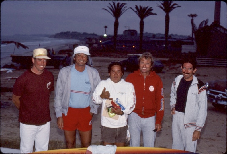Surfers in 1984: Kevin Kinnear, David Nuuhiwa, Donald Takayama, Corky Carroll, and Mike Malsie