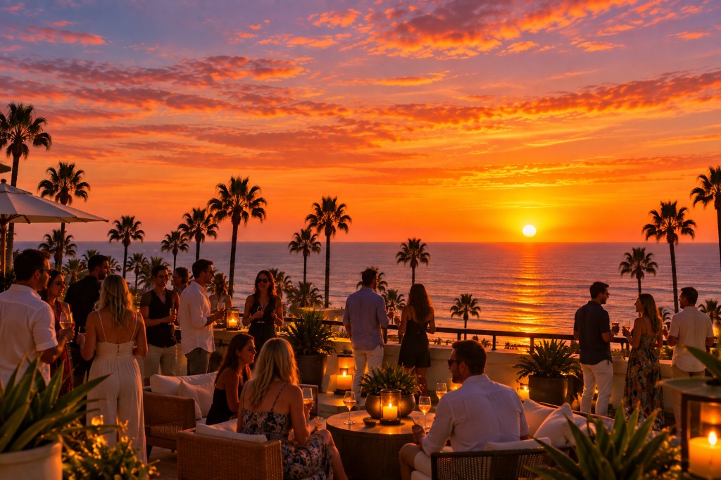 Sunset gathering on the Upper Level of Del Mar Plaza